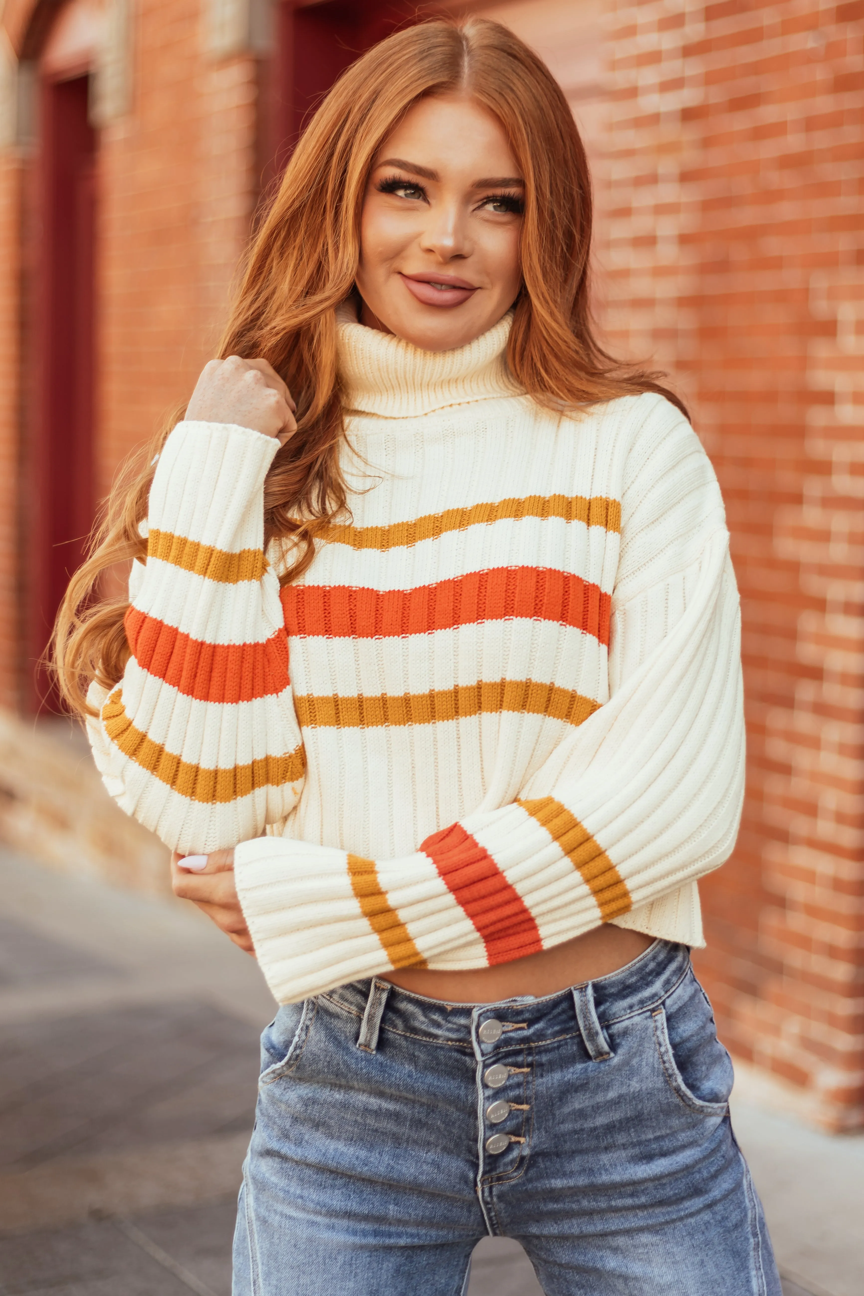 Cream Striped Turtleneck Cropped Sweater