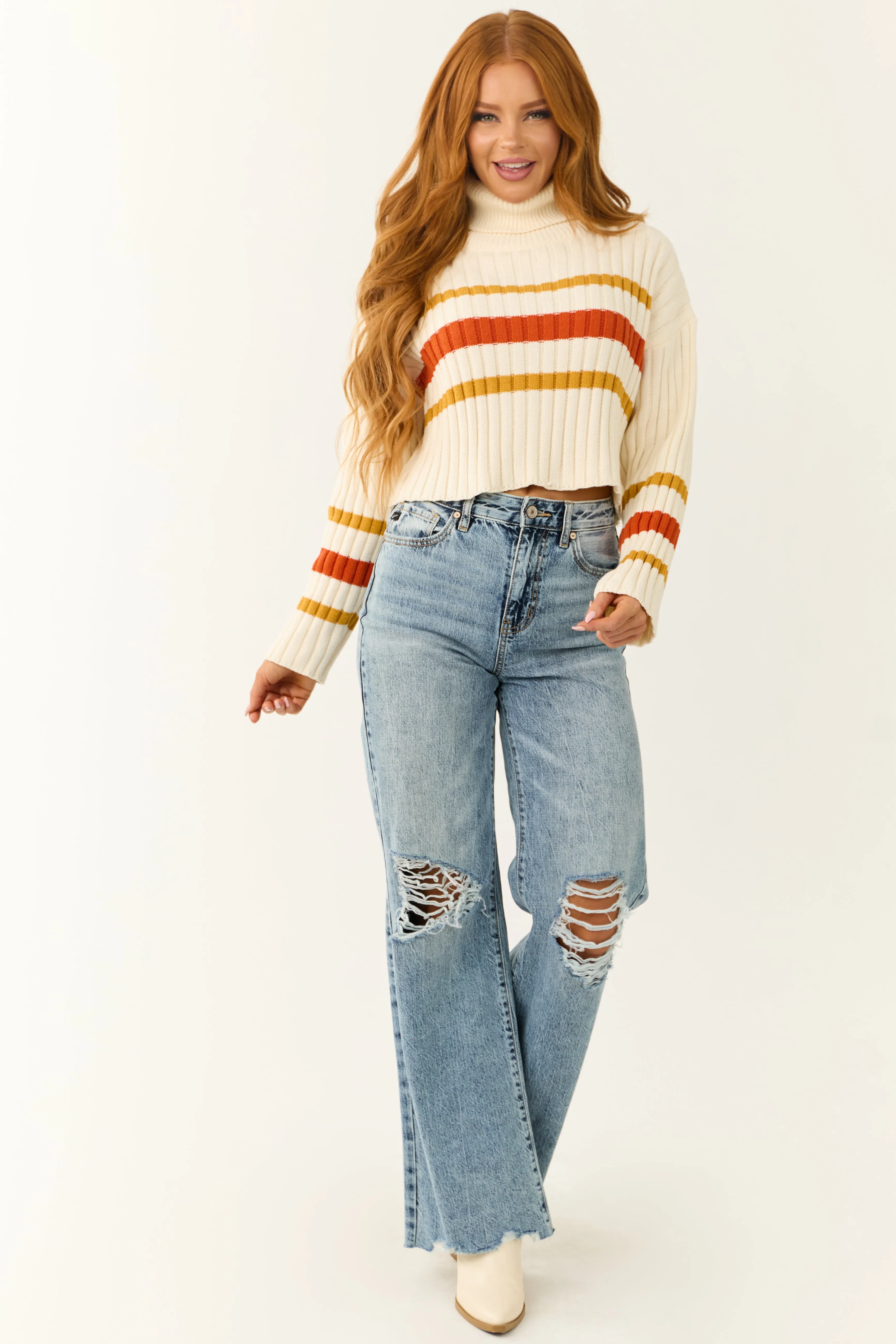 Cream Striped Turtleneck Cropped Sweater