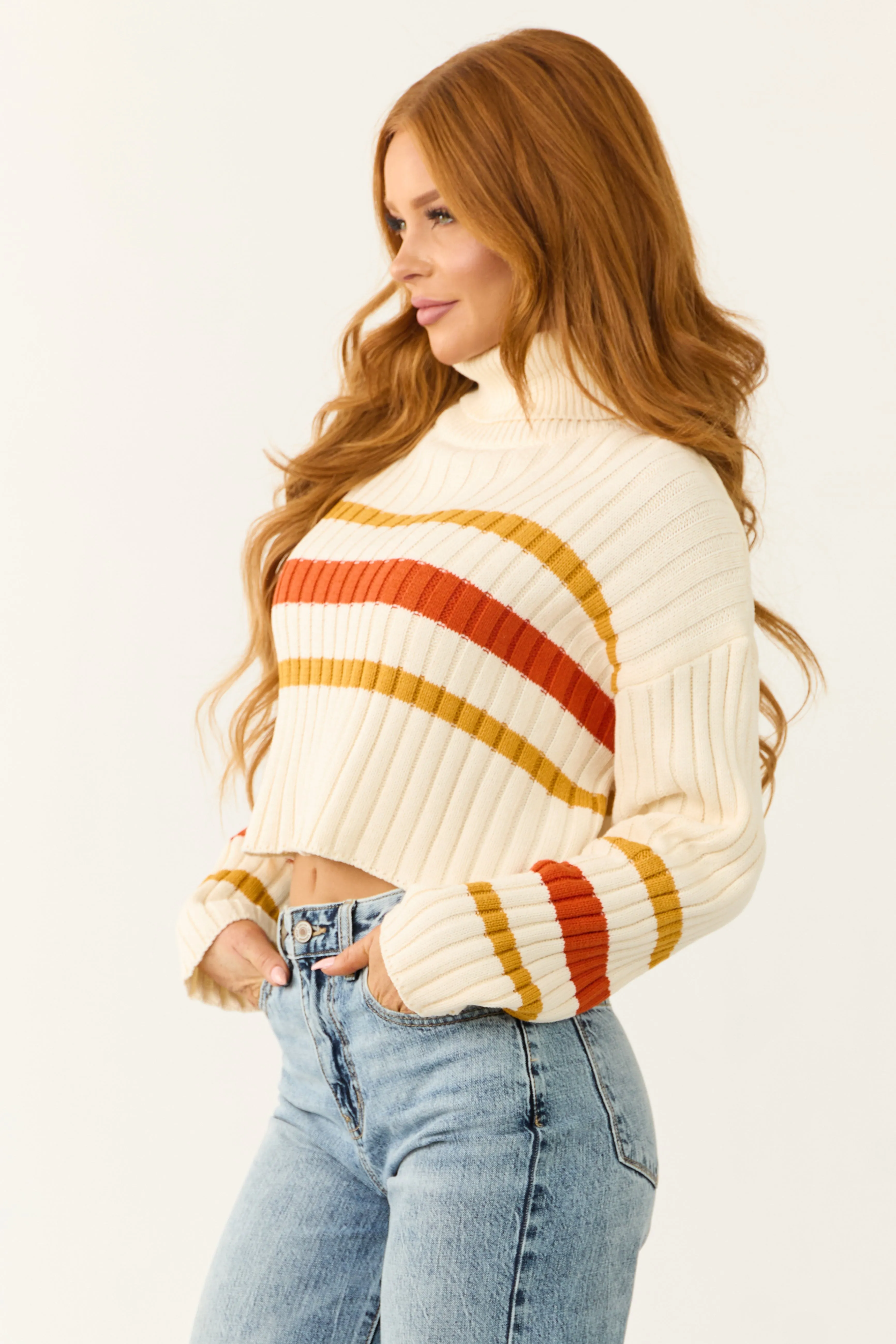 Cream Striped Turtleneck Cropped Sweater