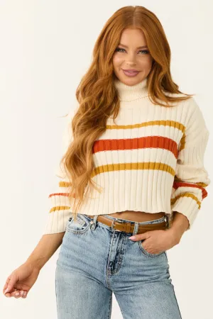 Cream Striped Turtleneck Cropped Sweater