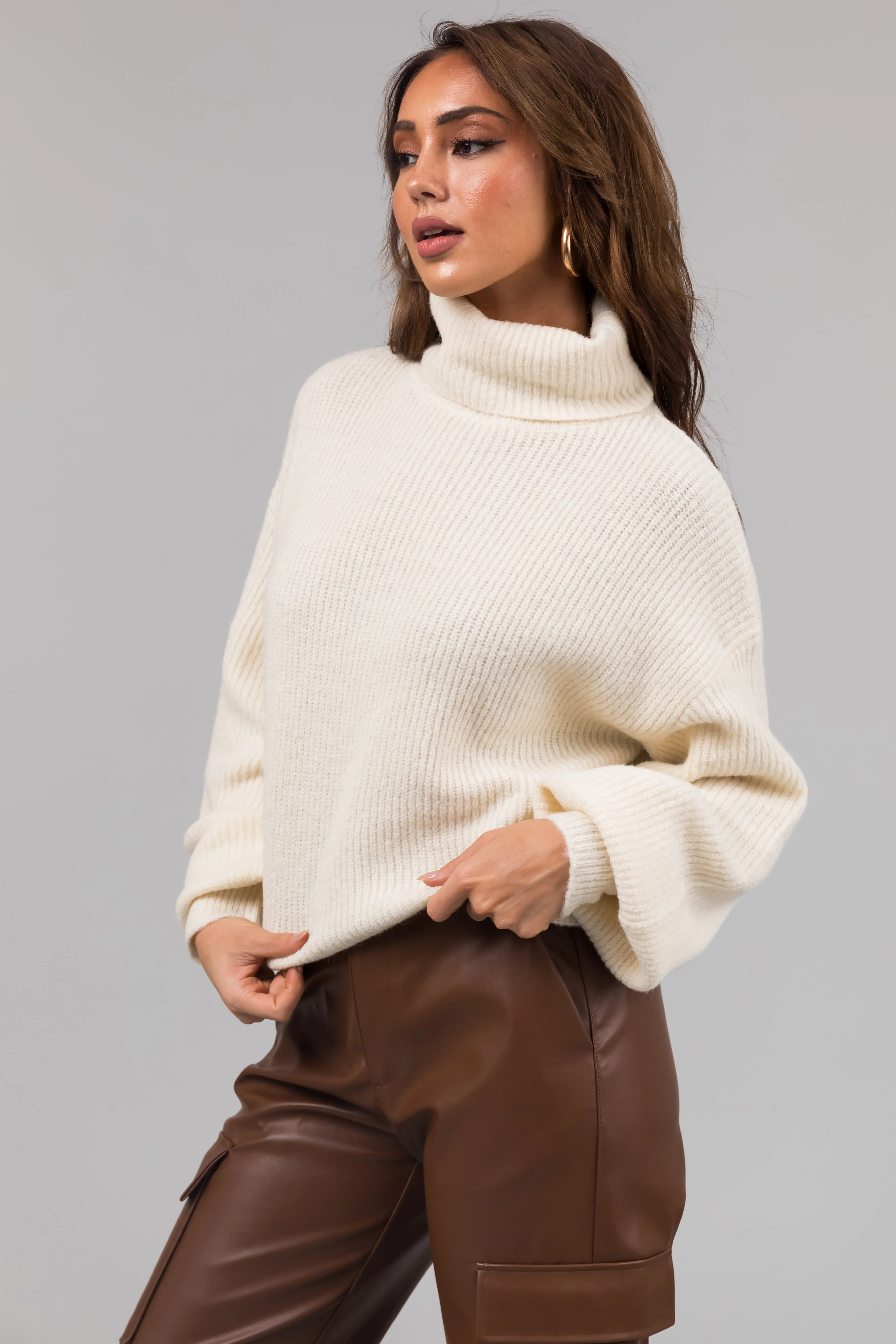 Cream Turtleneck Cropped Bubble Sleeve Sweater