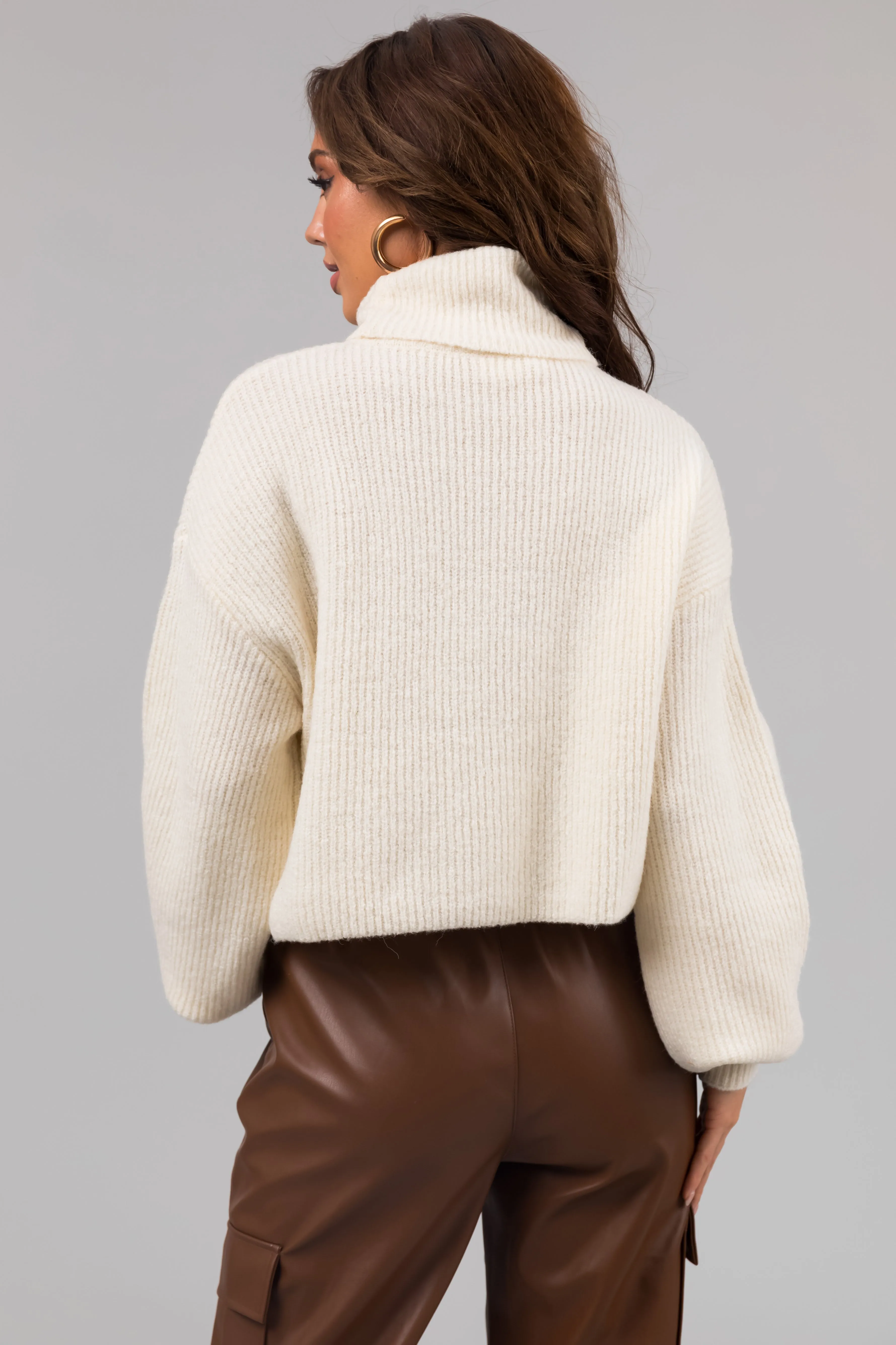 Cream Turtleneck Cropped Bubble Sleeve Sweater