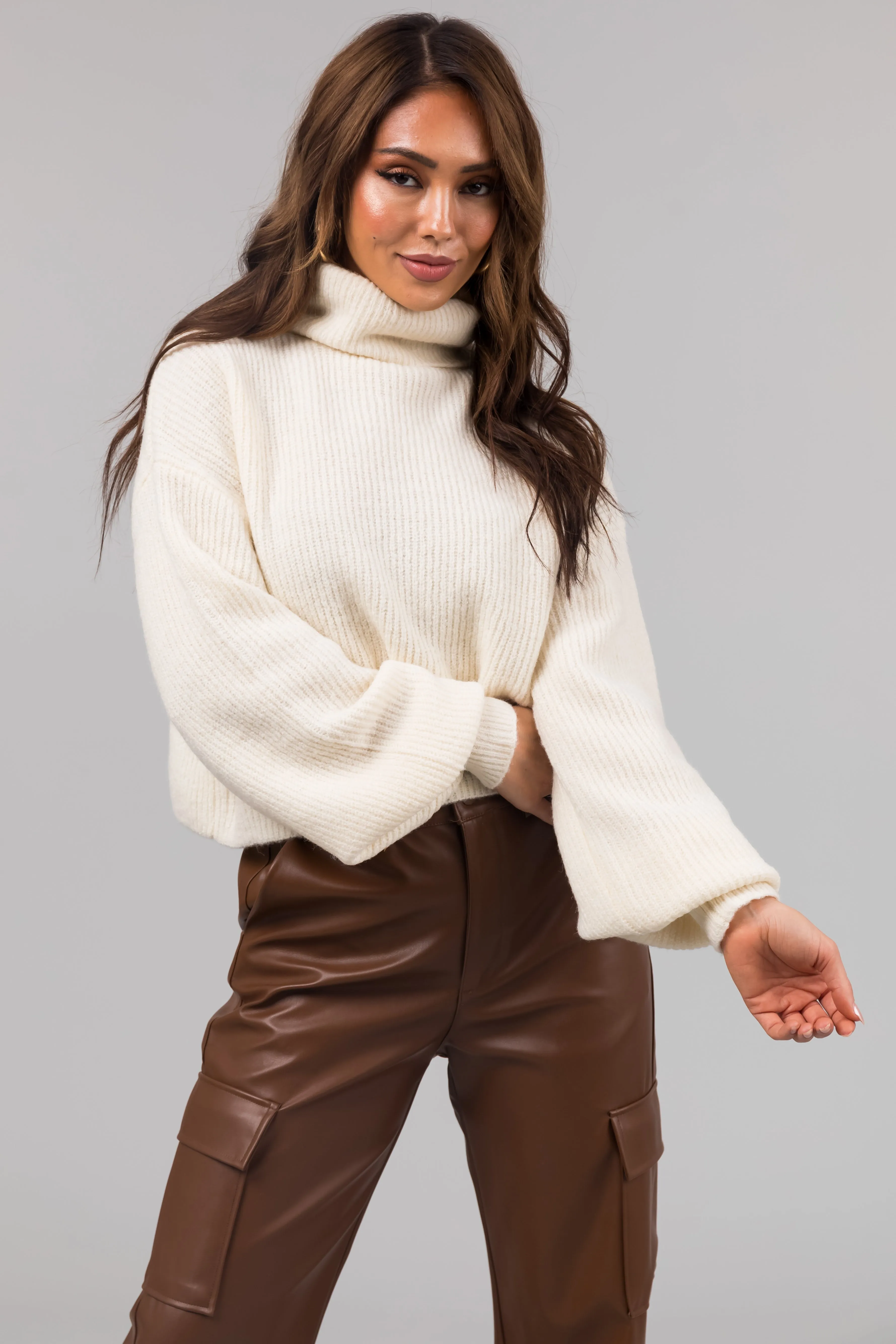 Cream Turtleneck Cropped Bubble Sleeve Sweater