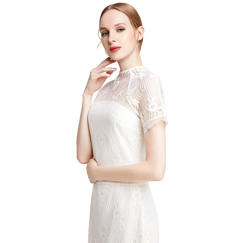 D002 Women floral eyelash lace short sleeve midi fitted party dress