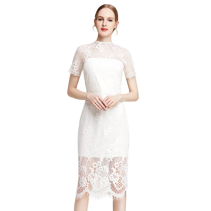 D002 Women floral eyelash lace short sleeve midi fitted party dress