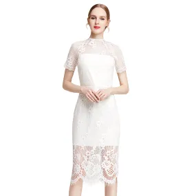 D002 Women floral eyelash lace short sleeve midi fitted party dress