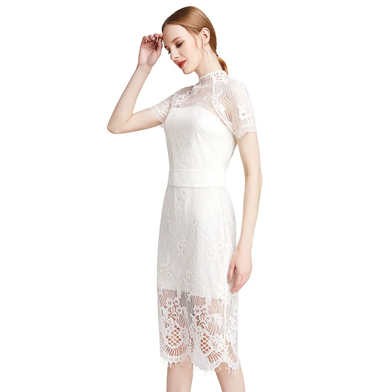 D002 Women floral eyelash lace short sleeve midi fitted party dress