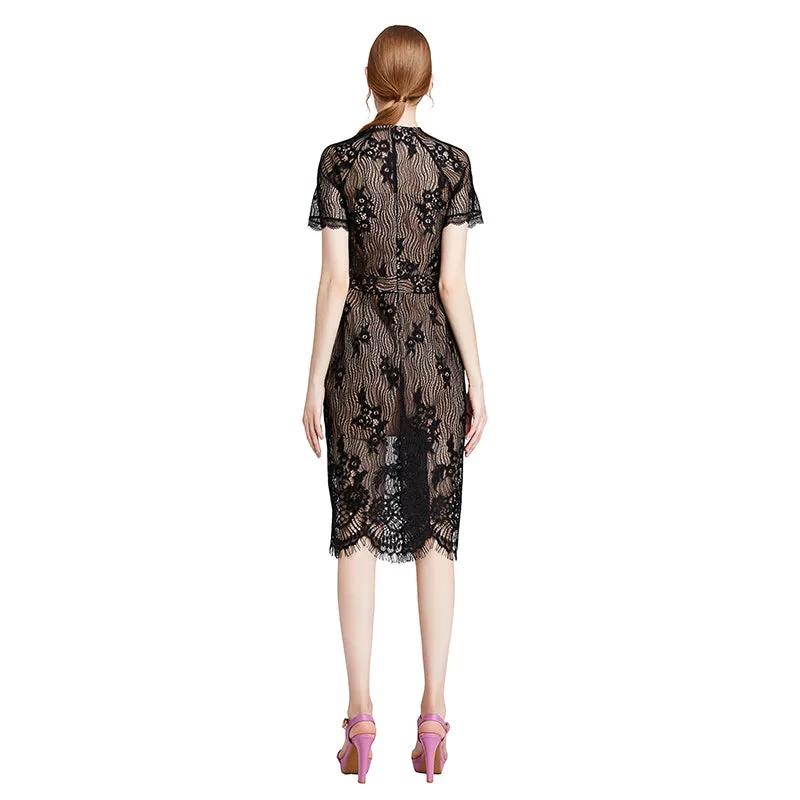 D002 Women floral eyelash lace short sleeve midi fitted party dress