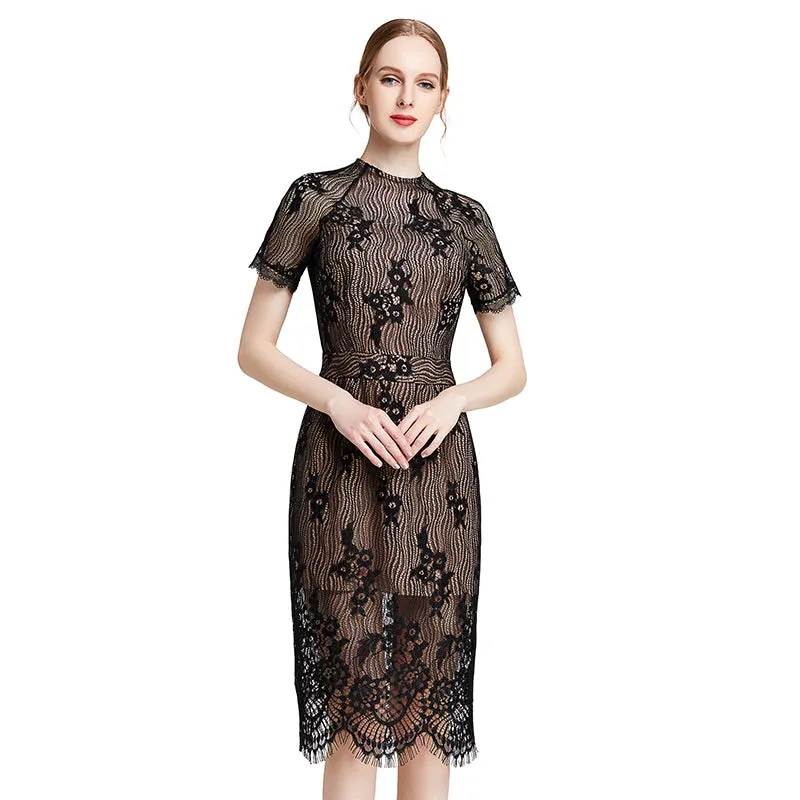 D002 Women floral eyelash lace short sleeve midi fitted party dress