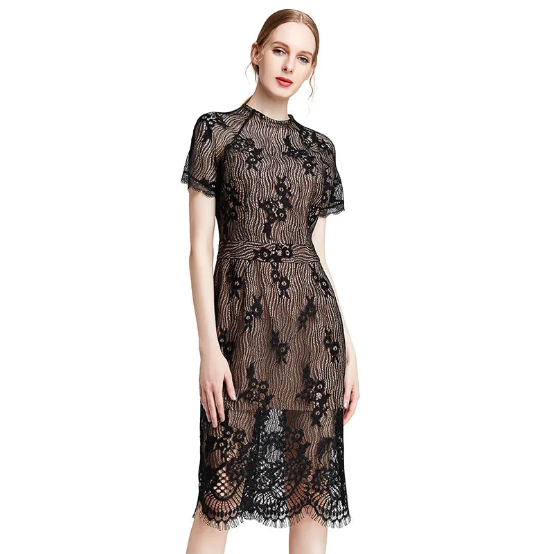 D002 Women floral eyelash lace short sleeve midi fitted party dress