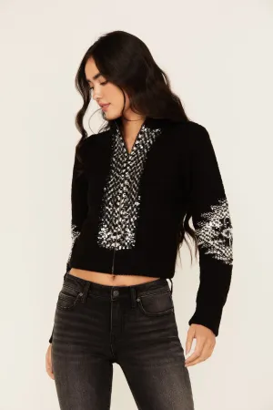 Dallas Sequins Cropped Zip Front Sweater