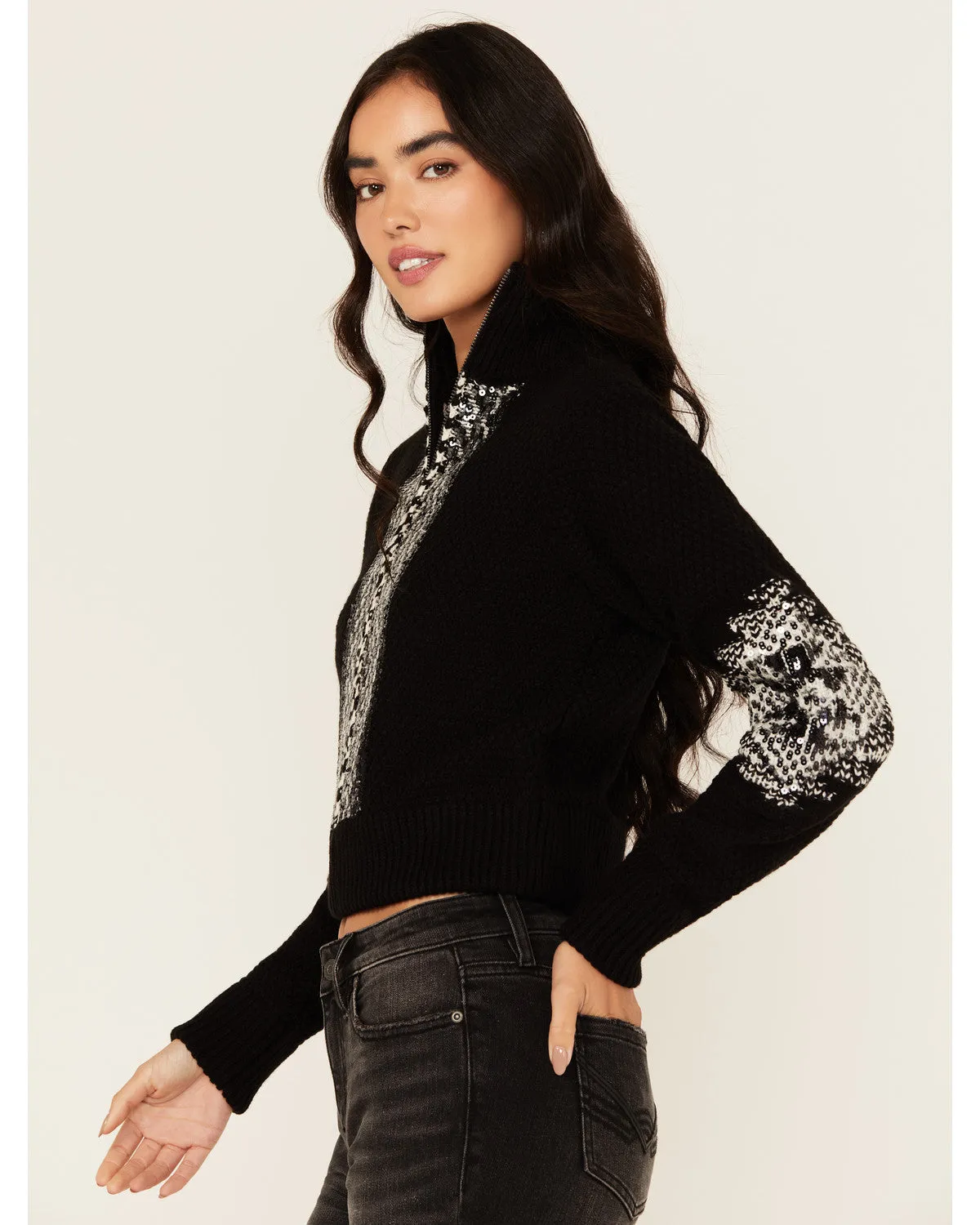 Dallas Sequins Cropped Zip Front Sweater