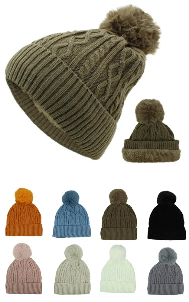 DBH3737 High Quality Winter Knit Beanie Lining Hat w/Pompom Pack 12pcs