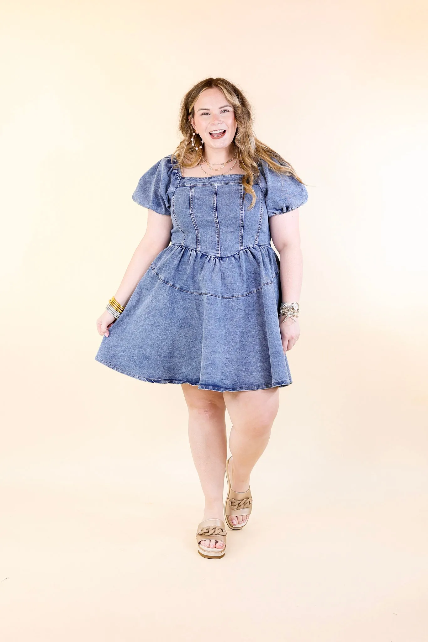 Denim Delight Babydoll Dress with Puff Sleeves in Medium Wash