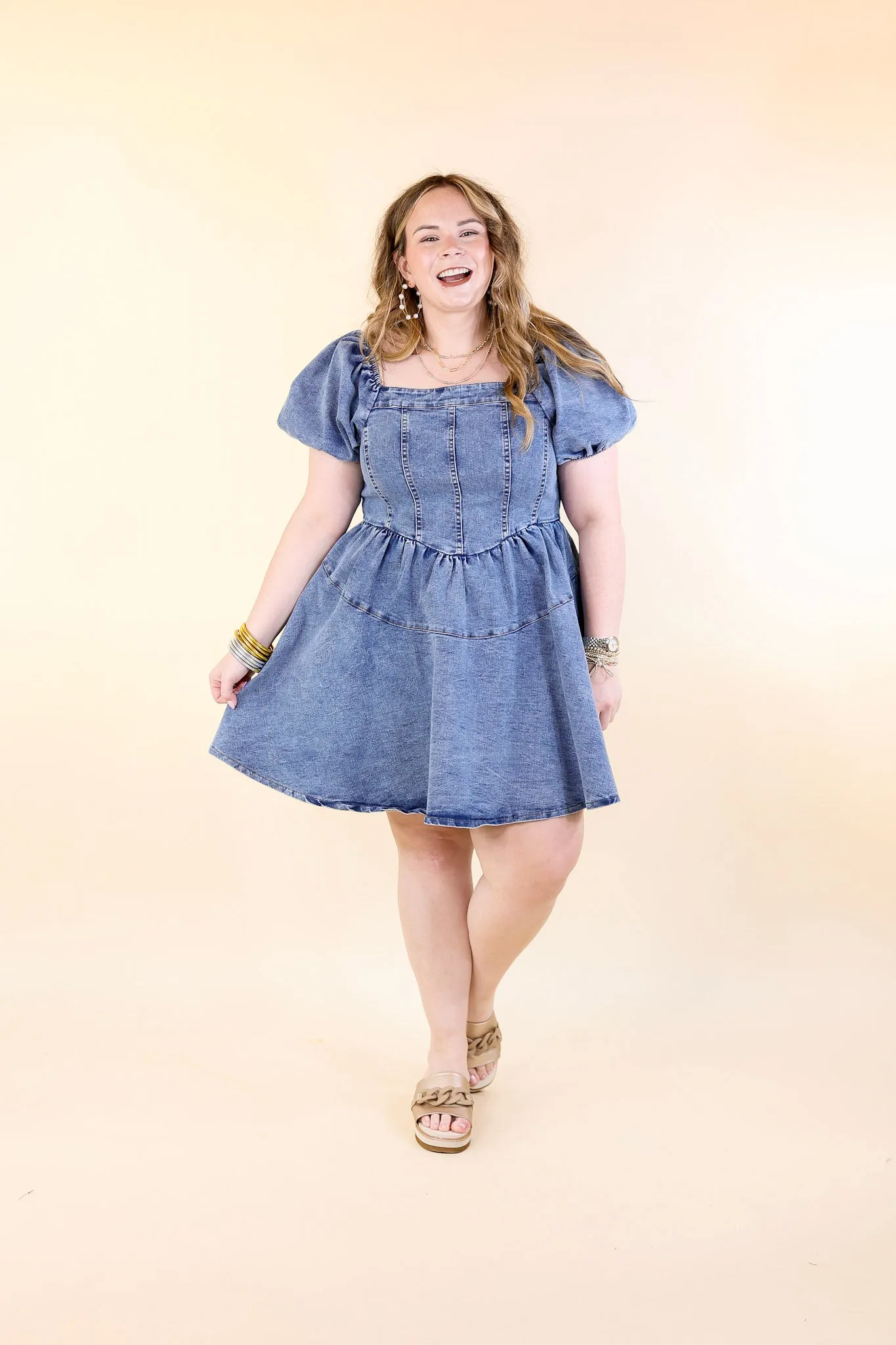 Denim Delight Babydoll Dress with Puff Sleeves in Medium Wash