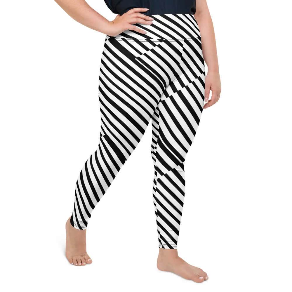 Diagonal Black White Stripe Designer Print Plus Size Leggings Pants- Made in USA/ EU