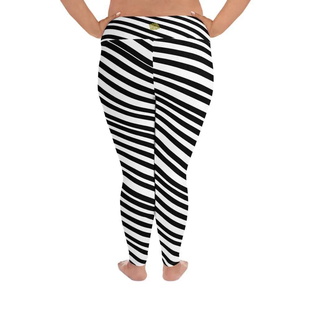 Diagonally Striped Plus Size Tights, Best White & Black Diagonal Stripe Women's Plus Size Yoga Pants Leggings- Made in USA/ EU