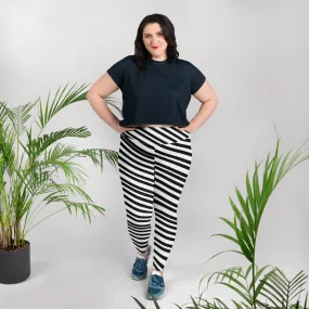 Diagonally Striped Plus Size Tights, Best White & Black Diagonal Stripe Women's Plus Size Yoga Pants Leggings- Made in USA/ EU