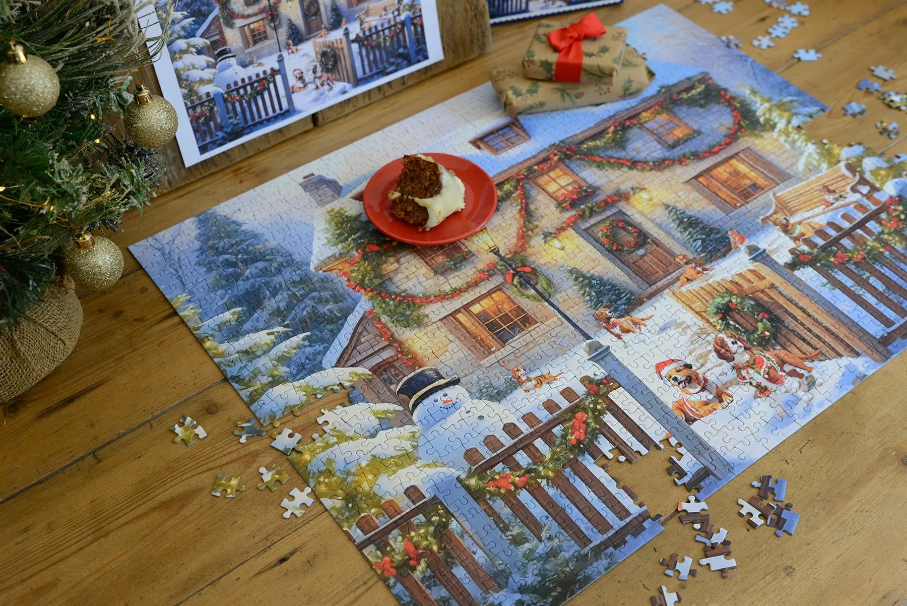 Dogs in a Christmas Cottage Garden 1000 or 500 Piece Jigsaw Puzzle