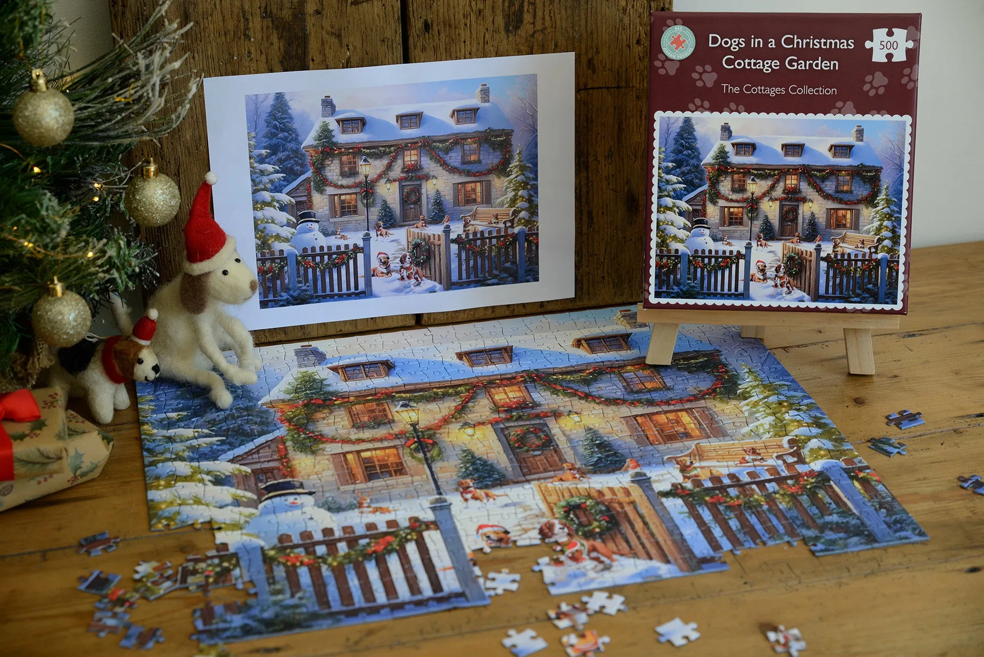 Dogs in a Christmas Cottage Garden 1000 or 500 Piece Jigsaw Puzzle