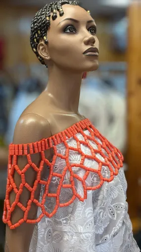 Dupsie's Chimamanda African Coral-Red Igbo Edo Sheer Bead Shoulder Shrug Crop Top Blouse DPASBCR22