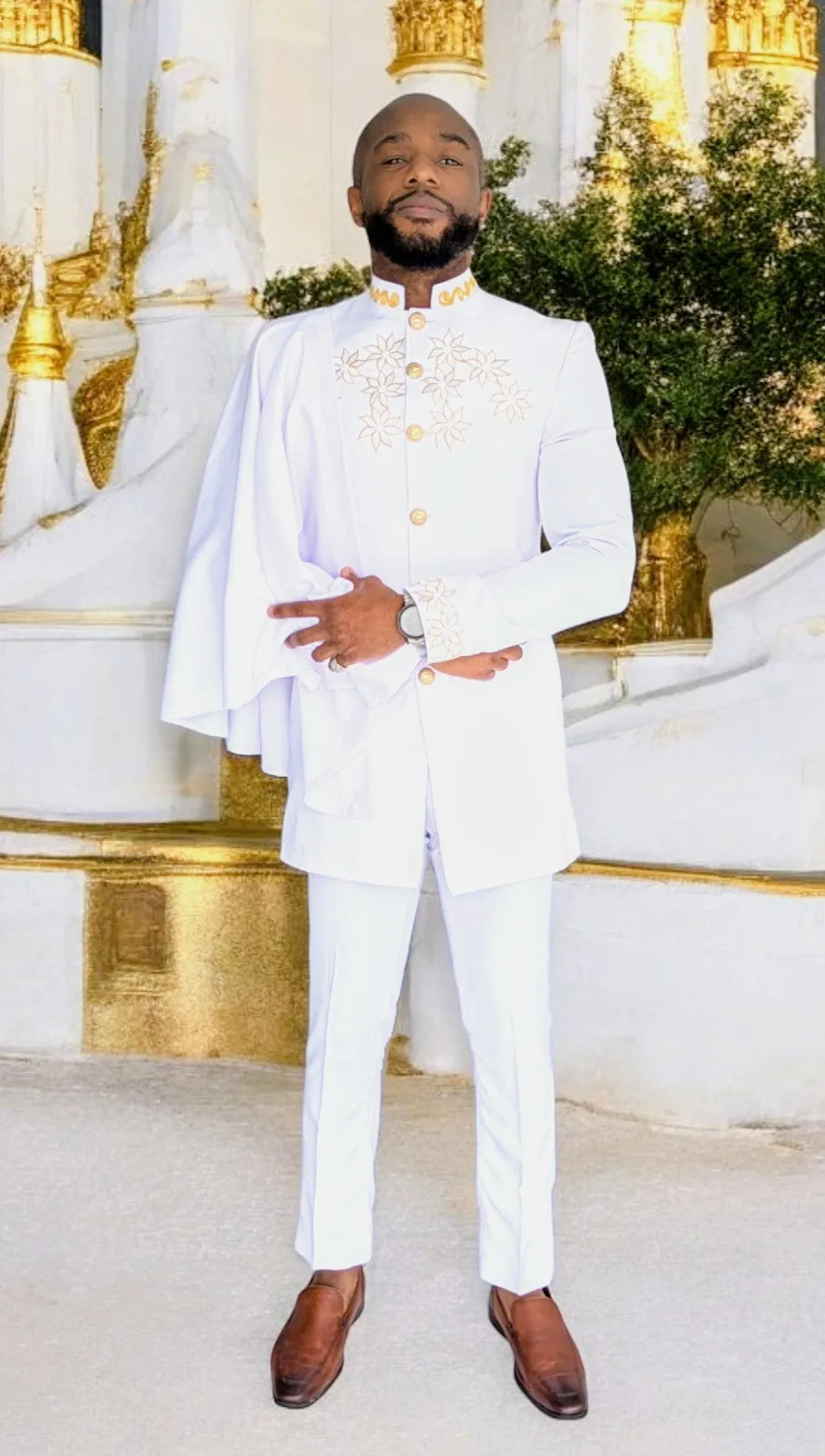 Dupsie's Taharqa Slim-Fit Long-Sleeve White African Suit with Gold Embroidery DPASWGC10