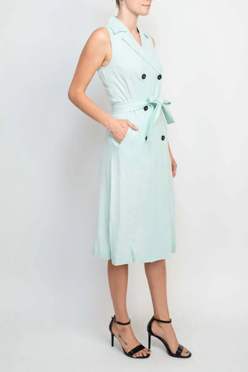 Ellen Tracy Notched Collar Tie Waist Solid Trench Coat Linen Dress