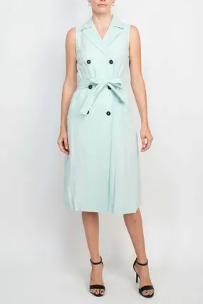 Ellen Tracy Notched Collar Tie Waist Solid Trench Coat Linen Dress