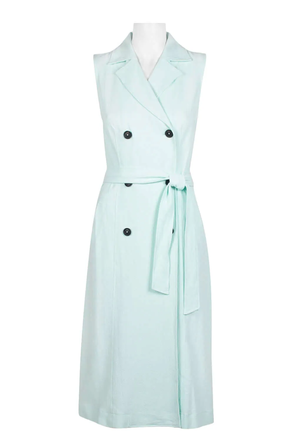 Ellen Tracy Notched Collar Tie Waist Solid Trench Coat Linen Dress