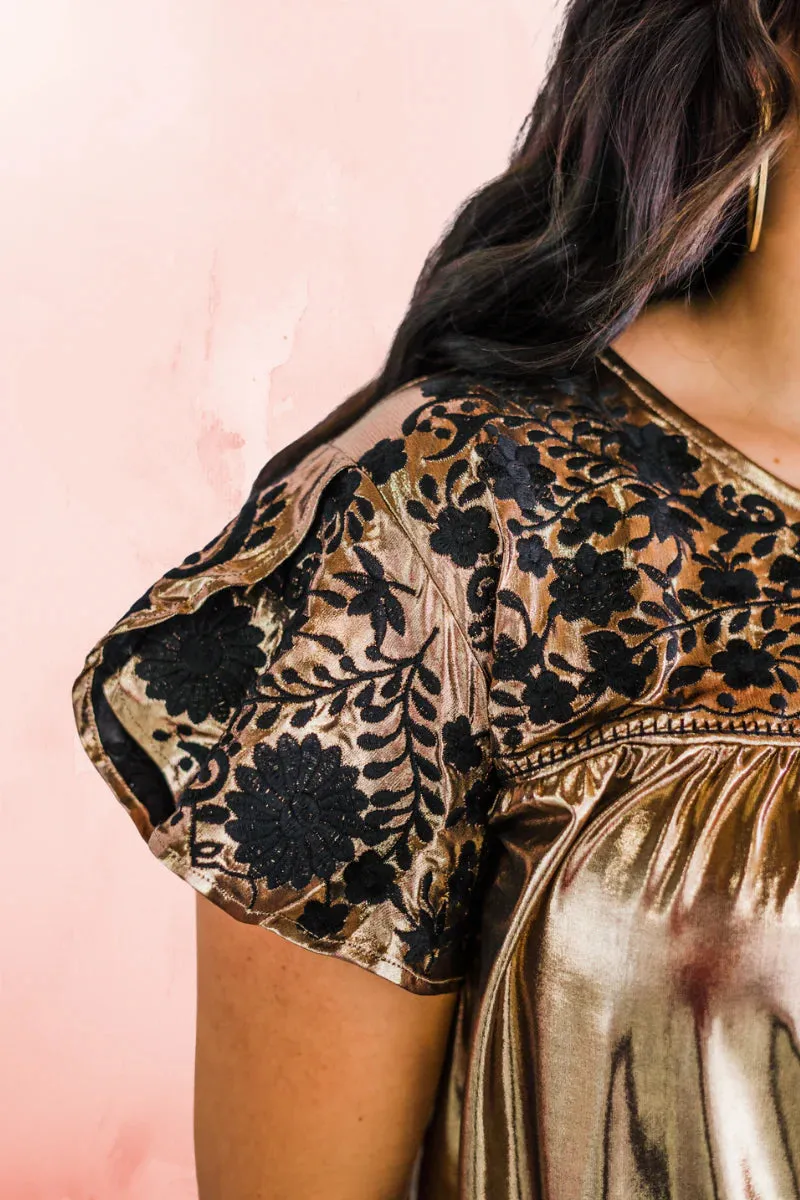 Embroidered Metallic Top, Gold