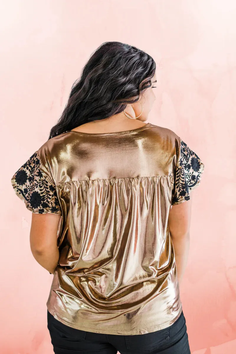 Embroidered Metallic Top, Gold