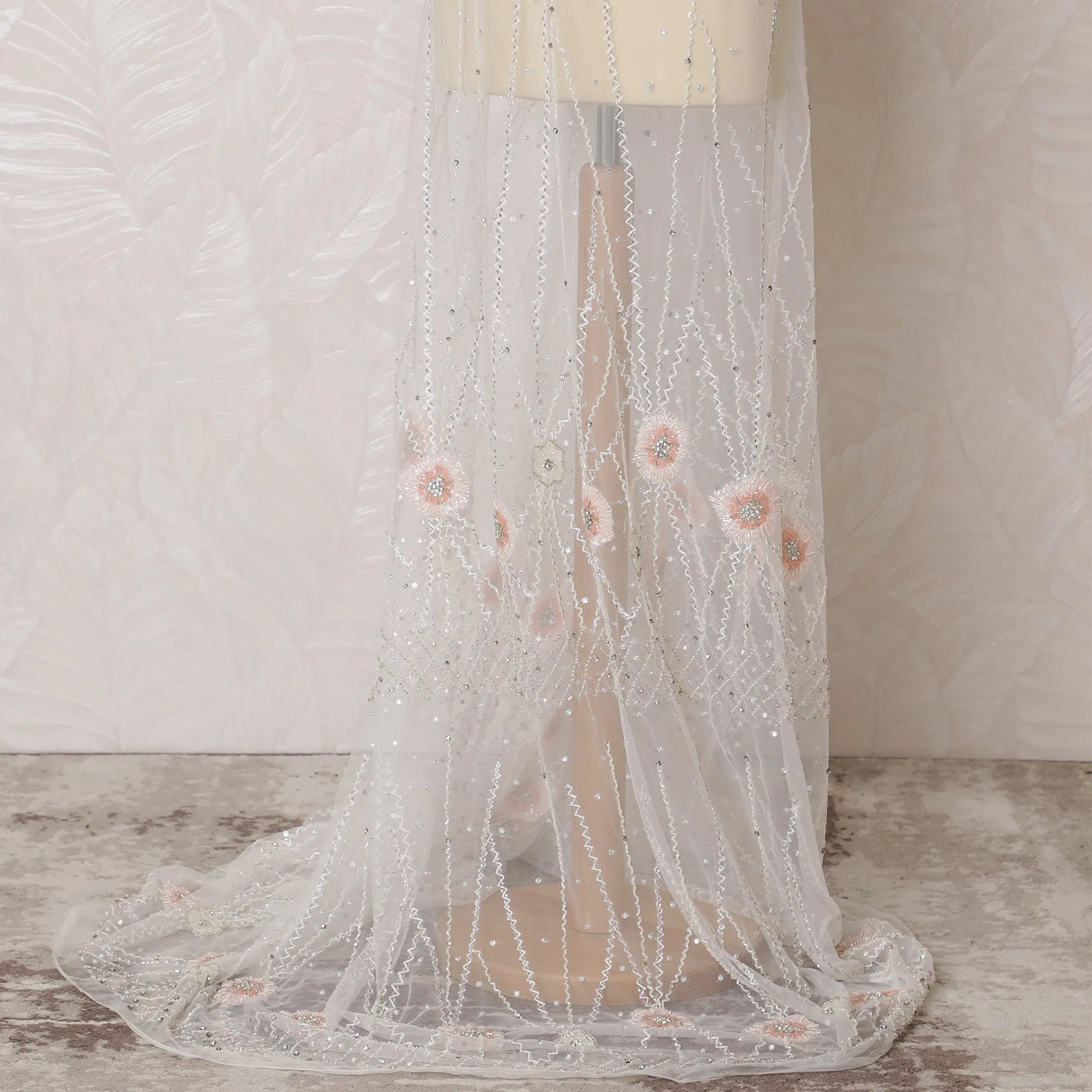 Ethereal Cream Nylon Tulle Fabric with Pink Floral Embroidery and Beading - 140cm Wide-D19268