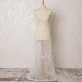 Ethereal Cream Nylon Tulle Fabric with Pink Floral Embroidery and Beading - 140cm Wide-D19268