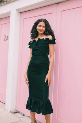 Eve Ruffle Velvet Bardot Midi Dress