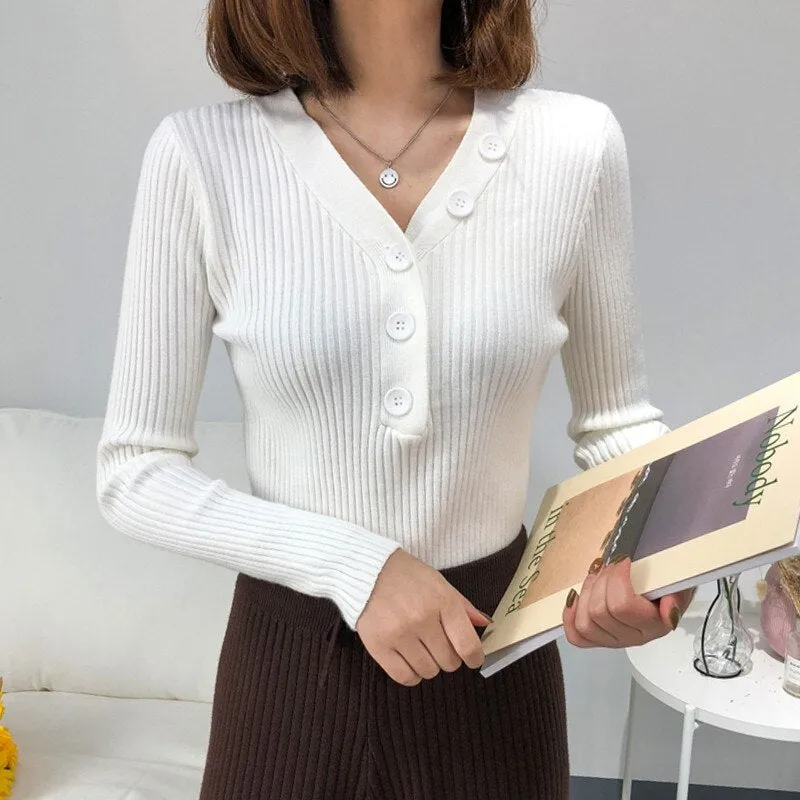 Fashion Button Turtleneck Sweater Spring Autumn Solid Knitted Pullover Women Slim Soft Jumper Sweater Pink Kawaii Sweaters Girl