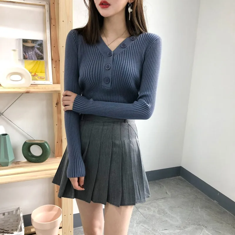 Fashion Button Turtleneck Sweater Spring Autumn Solid Knitted Pullover Women Slim Soft Jumper Sweater Pink Kawaii Sweaters Girl