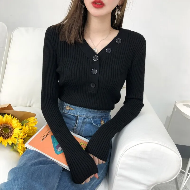 Fashion Button Turtleneck Sweater Spring Autumn Solid Knitted Pullover Women Slim Soft Jumper Sweater Pink Kawaii Sweaters Girl