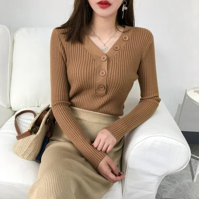 Fashion Button Turtleneck Sweater Spring Autumn Solid Knitted Pullover Women Slim Soft Jumper Sweater Pink Kawaii Sweaters Girl