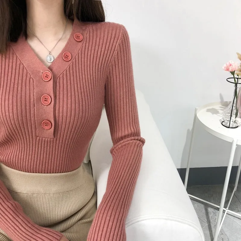 Fashion Button Turtleneck Sweater Spring Autumn Solid Knitted Pullover Women Slim Soft Jumper Sweater Pink Kawaii Sweaters Girl