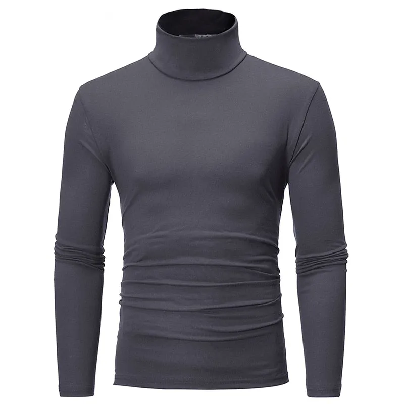 Fashion Men's Casual Slim Fit Basic Turtleneck High Collar Pullover Male Autumn Spring Thin Tops Basic Bottoming Plain T-shirt