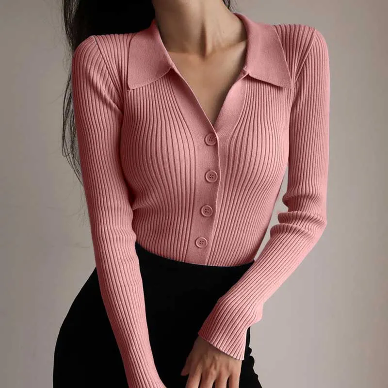 Fashionkova  Women 2022 New Lapel Slim Slimming Tops Ladies Hollow Buttons Sexy V Neck Long Sleeve POLO Neck Knit Cardigan Sweater Women