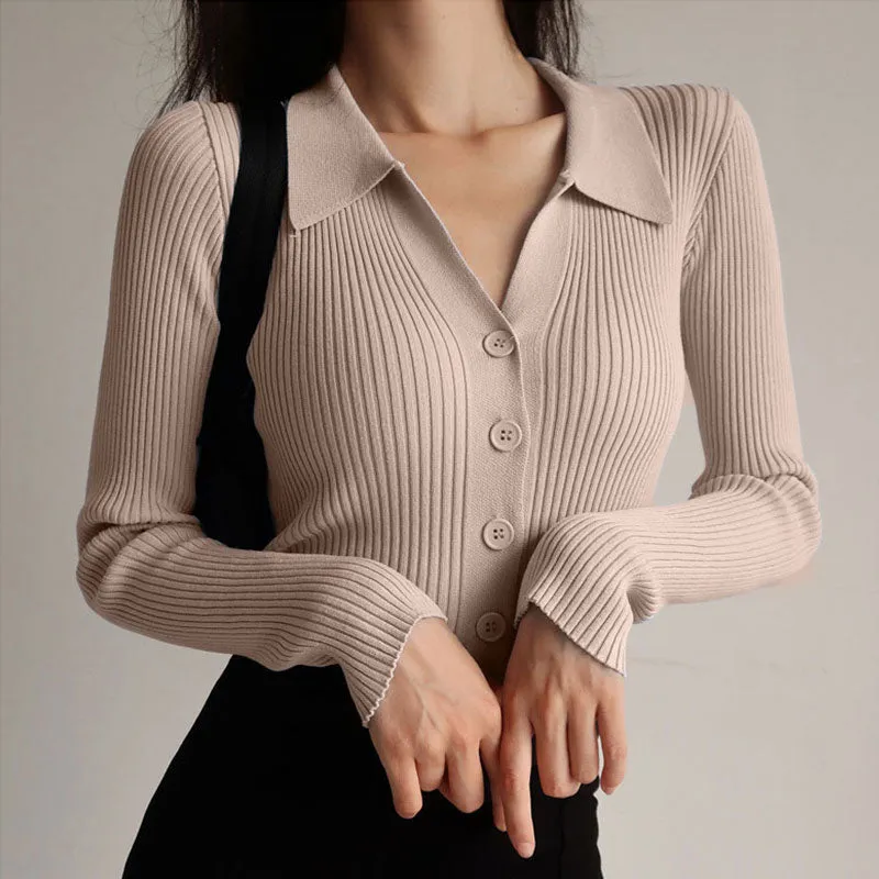 Fashionkova  Women 2022 New Lapel Slim Slimming Tops Ladies Hollow Buttons Sexy V Neck Long Sleeve POLO Neck Knit Cardigan Sweater Women