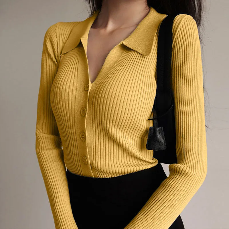 Fashionkova  Women 2022 New Lapel Slim Slimming Tops Ladies Hollow Buttons Sexy V Neck Long Sleeve POLO Neck Knit Cardigan Sweater Women