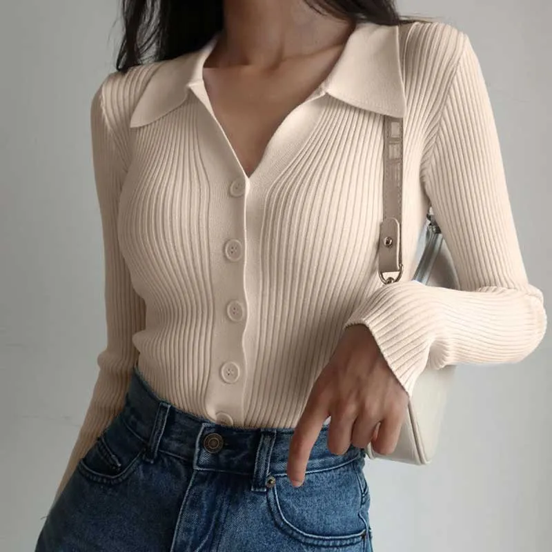 Fashionkova  Women 2022 New Lapel Slim Slimming Tops Ladies Hollow Buttons Sexy V Neck Long Sleeve POLO Neck Knit Cardigan Sweater Women