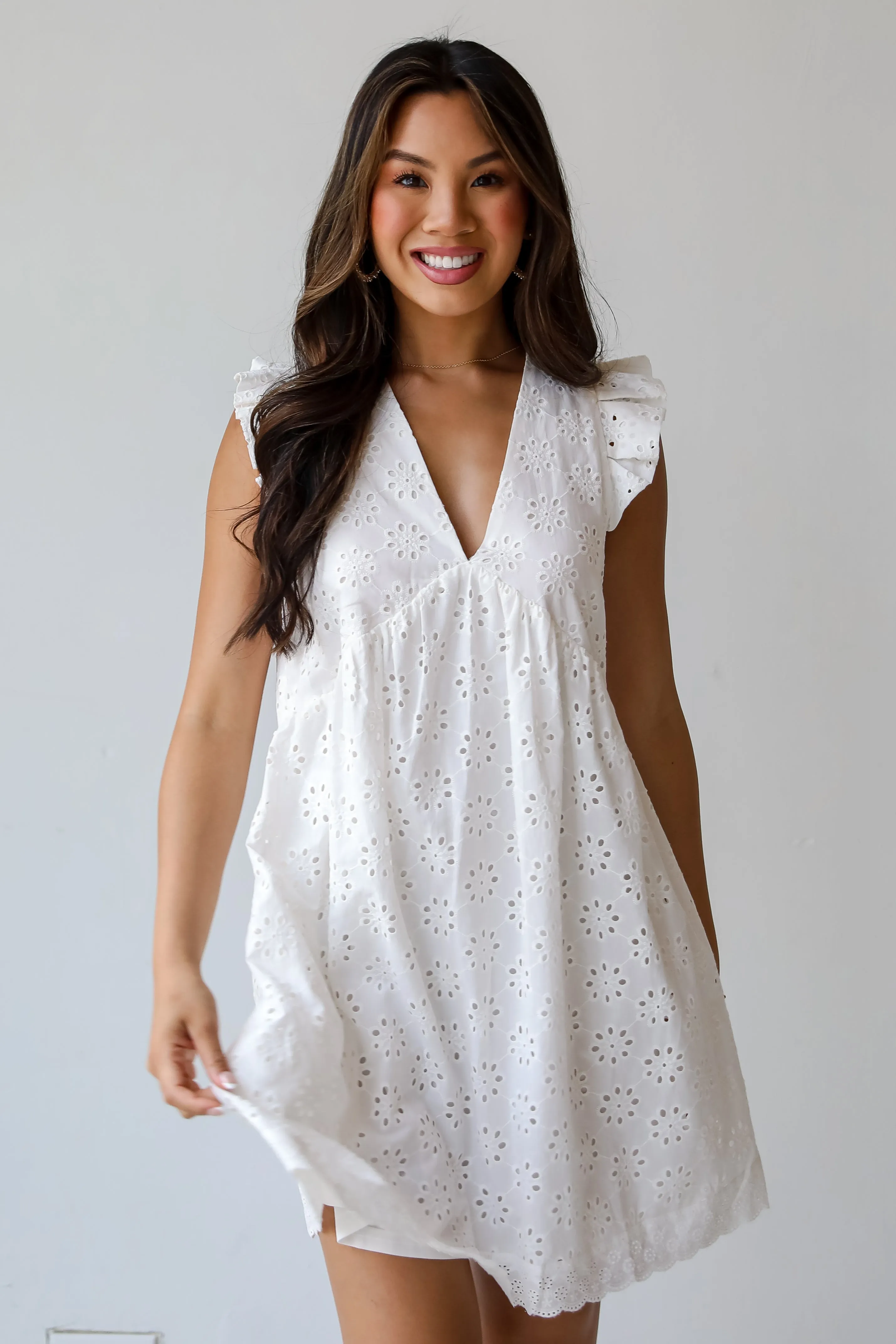 FINAL SALE - Deeply Delightful White Eyelet Babydoll Mini Dress