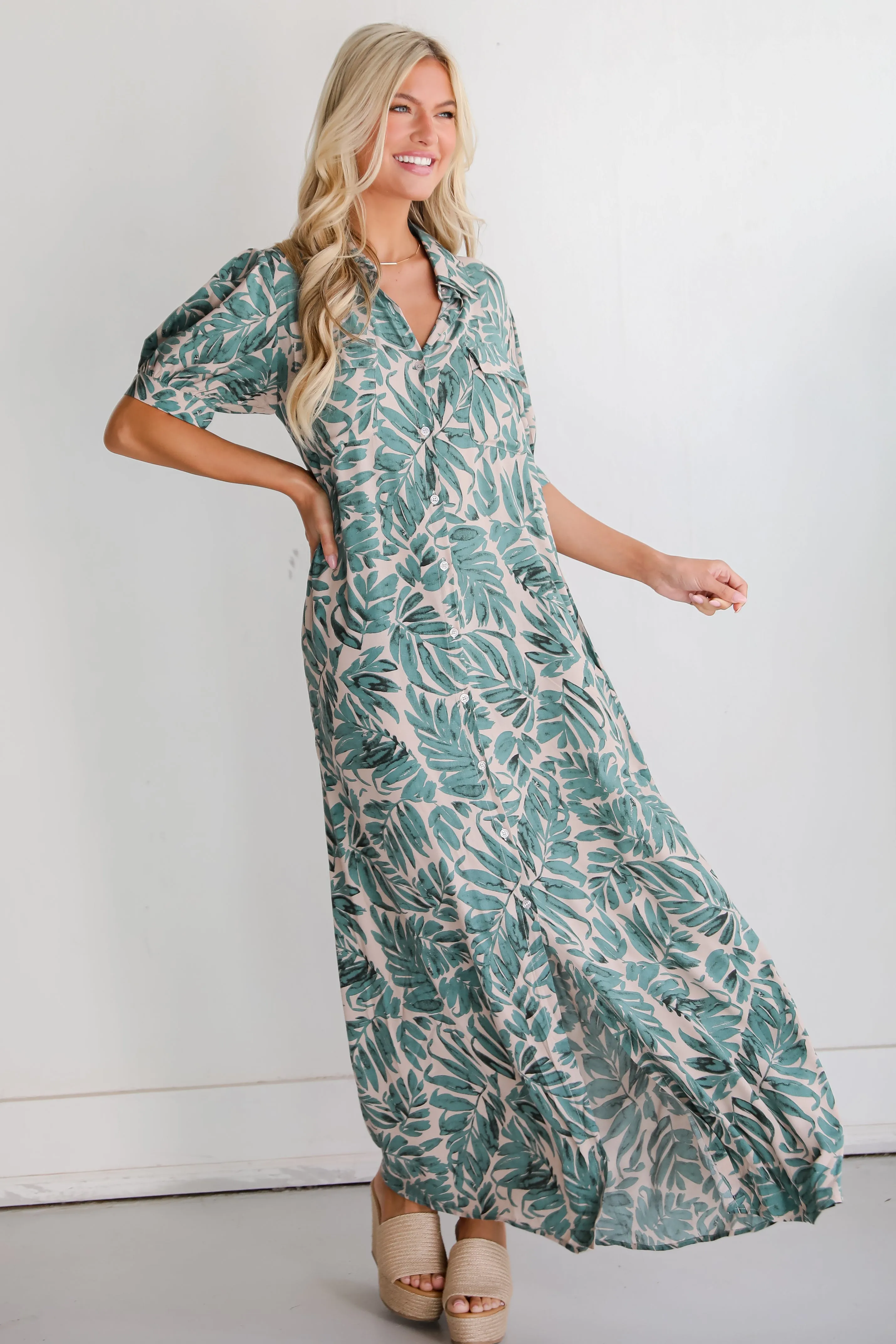 FINAL SALE - Island Impulse Sage Leaf Print Maxi Dress