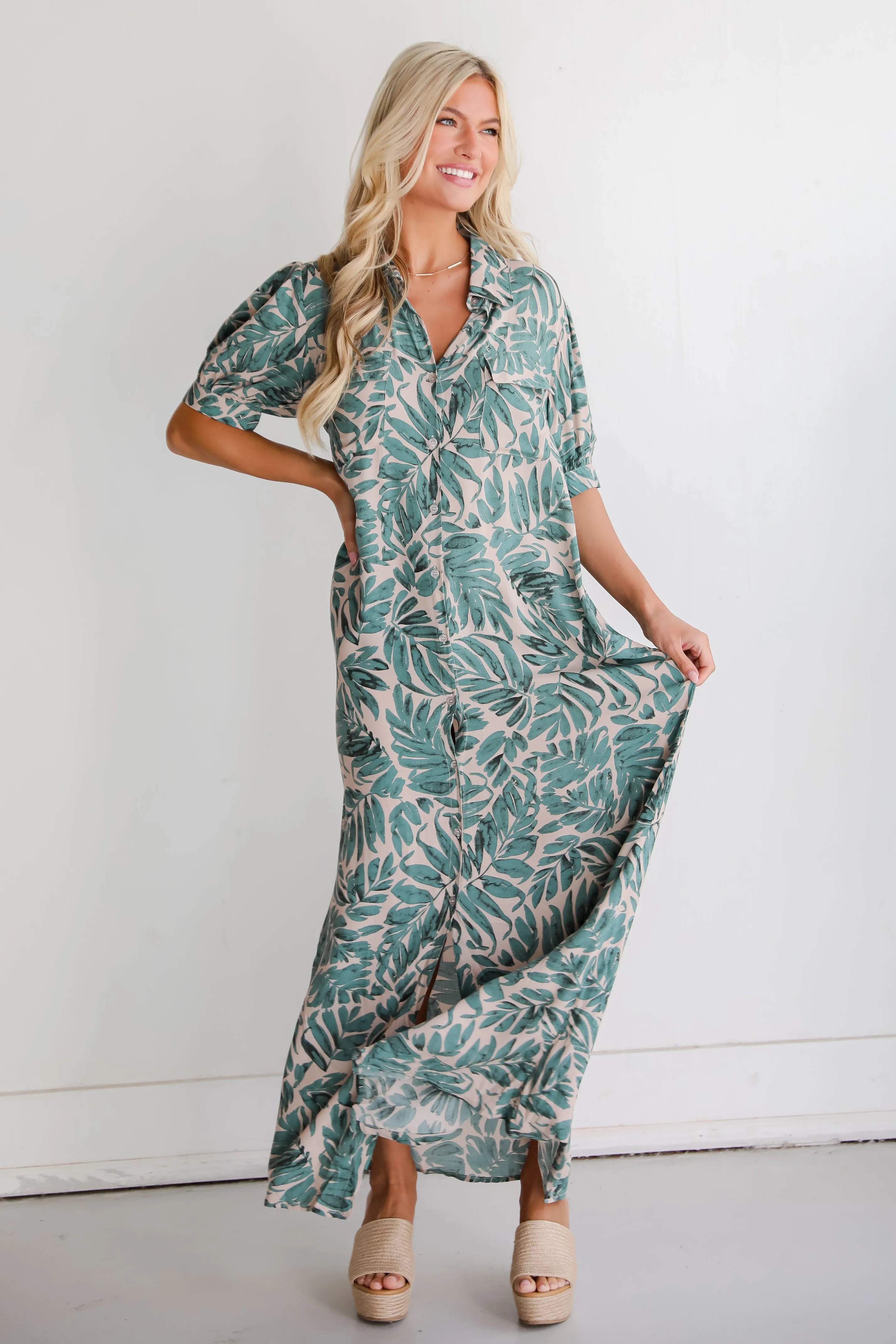 FINAL SALE - Island Impulse Sage Leaf Print Maxi Dress