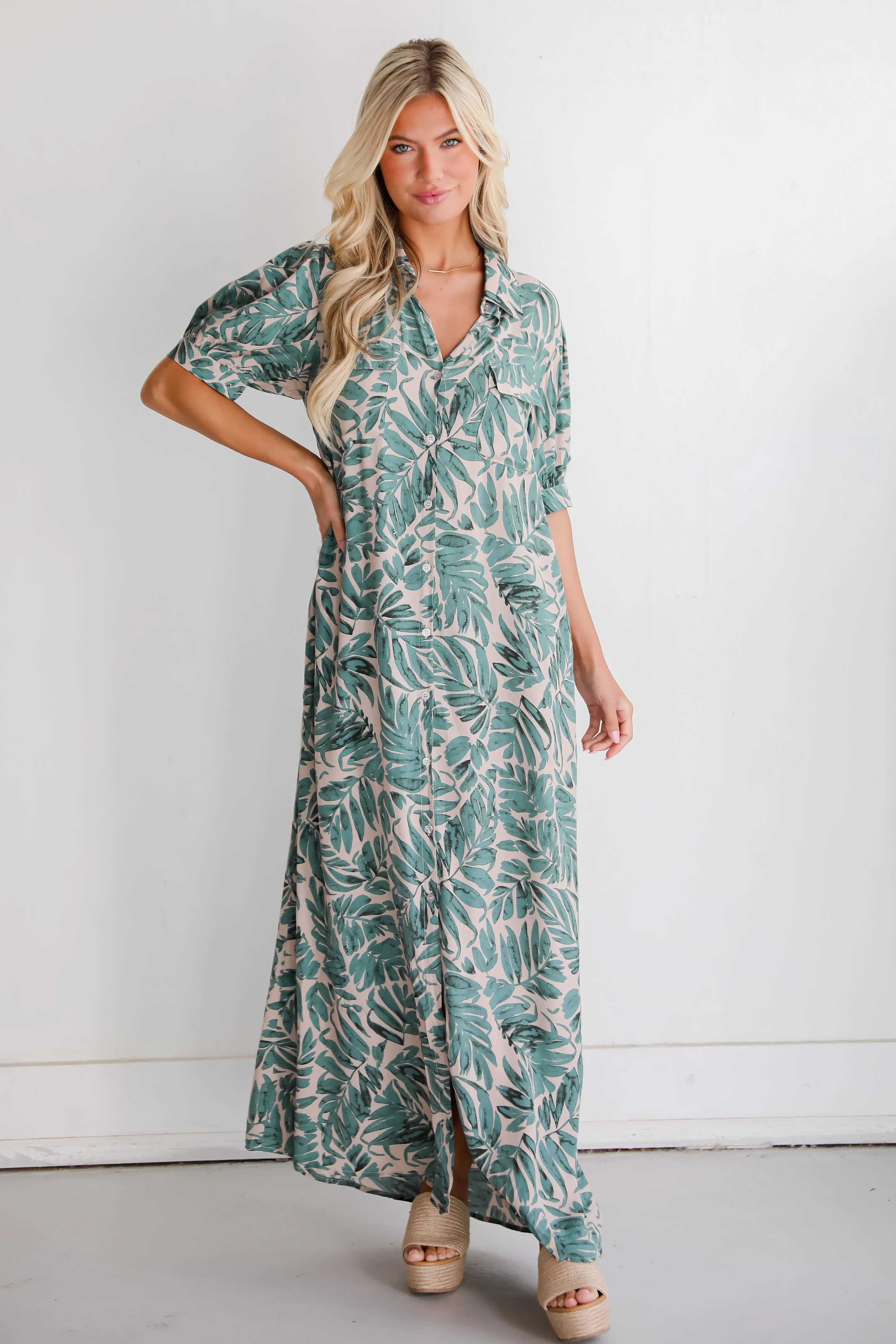 FINAL SALE - Island Impulse Sage Leaf Print Maxi Dress