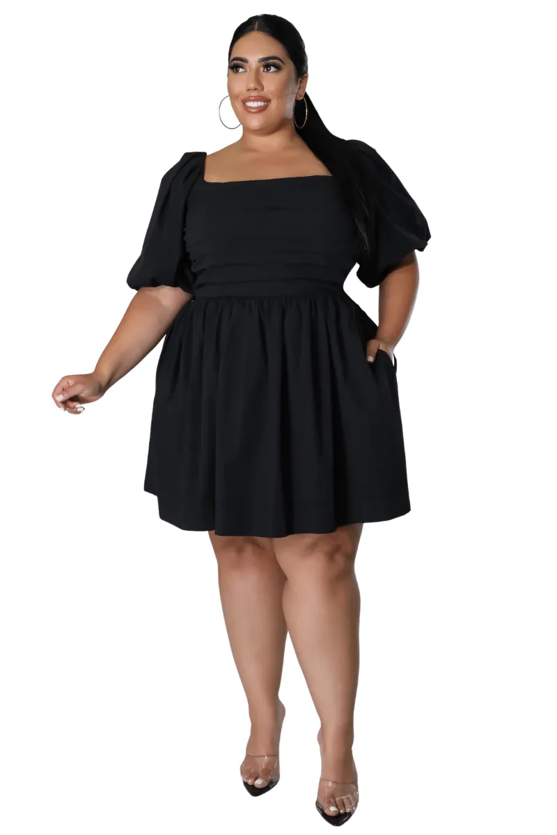 Final Sale Plus Size Half Crown Sleeve Sheering Front Ruffle Mini Dress in Black