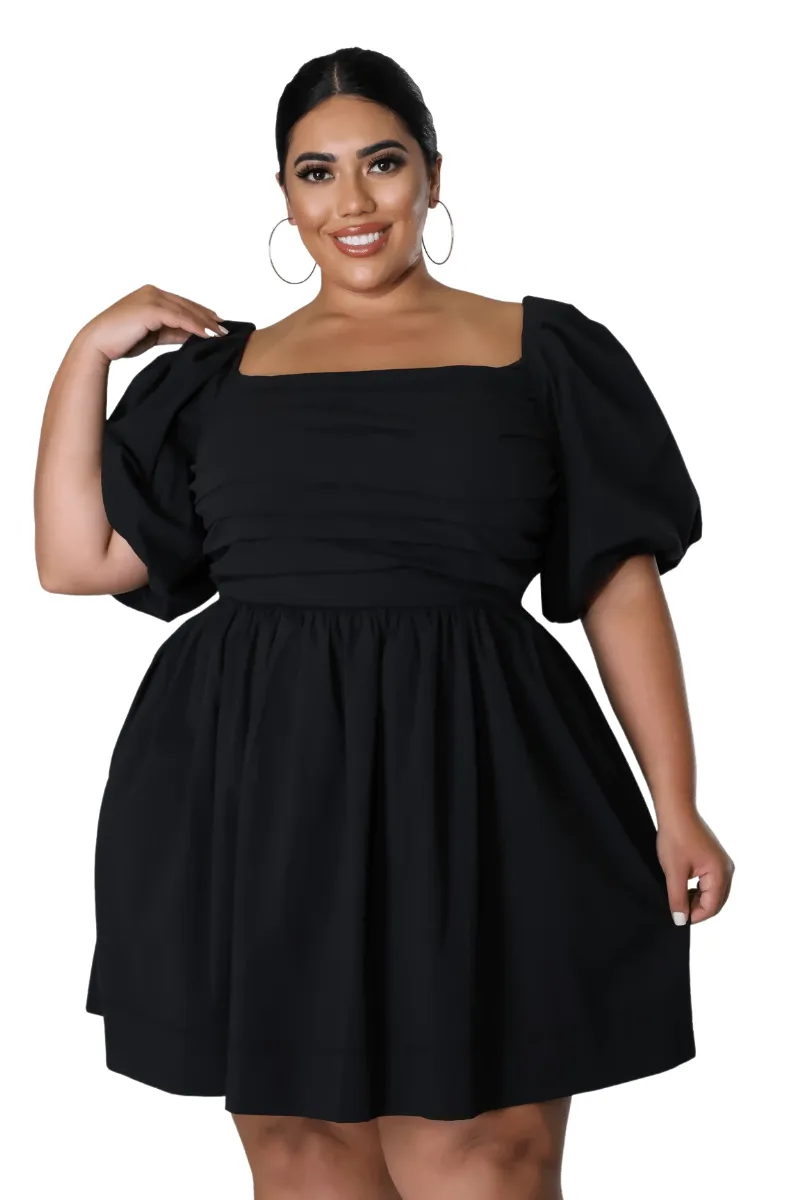 Final Sale Plus Size Half Crown Sleeve Sheering Front Ruffle Mini Dress in Black